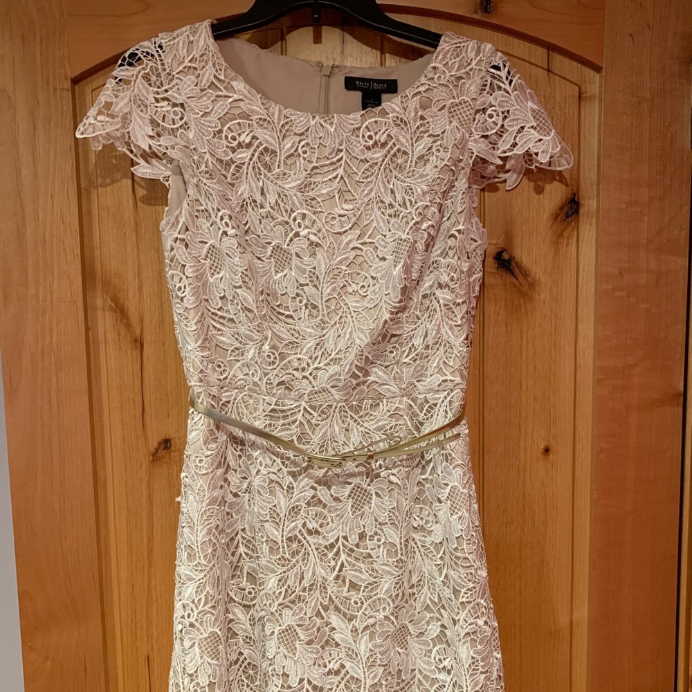 White House Black Market Ivory Lace Sheath Dress with Gold Belt